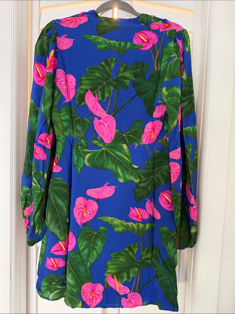 FARM Rio Blue Long-Sleeve Mini Dress with Pink Floral Print viscose fabric - Picture 2 of 3
